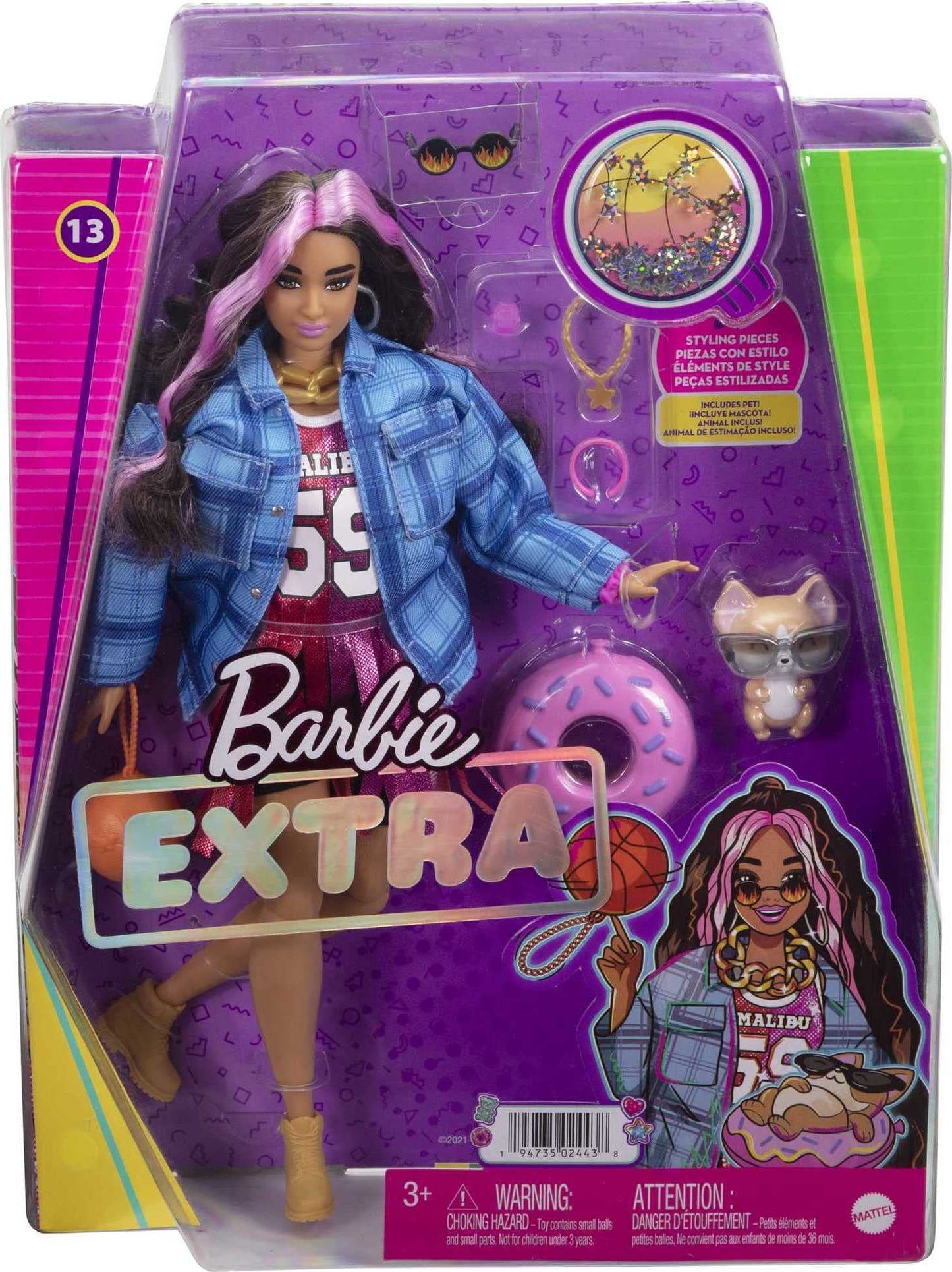 Barbie Extra Doll with Pink-Streaked Crimped Hair in Jersey Dress with Pet Corgi