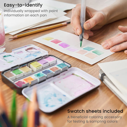 ARTEZA Watercolor Paint Set, 12 Pastel Tones Half Pans, Watercolor Set with Brush, Semi Moist Pastel Paint