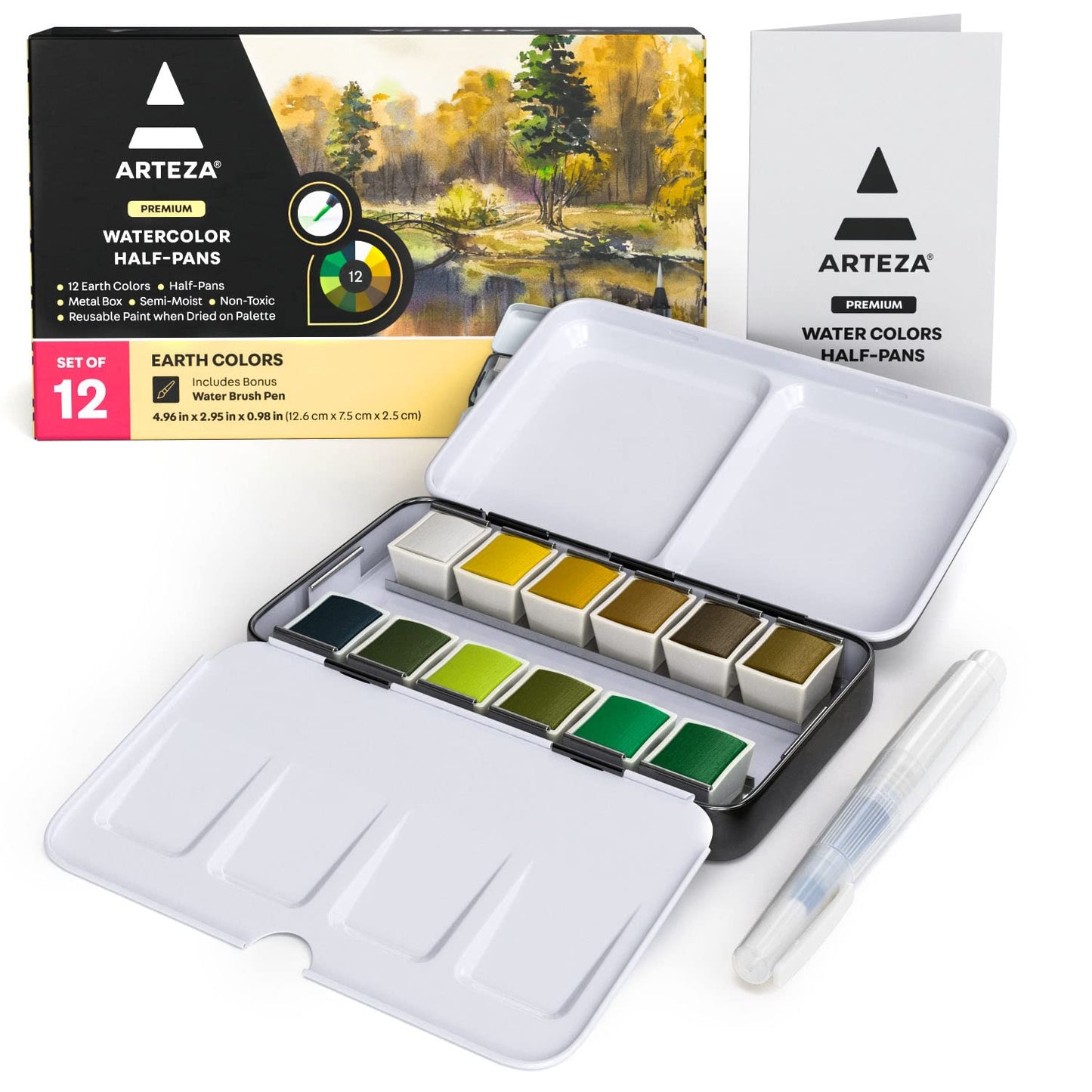 ARTEZA Watercolor Paint Set, 12 Pastel Tones Half Pans, Watercolor Set with Brush, Semi Moist Pastel Paint