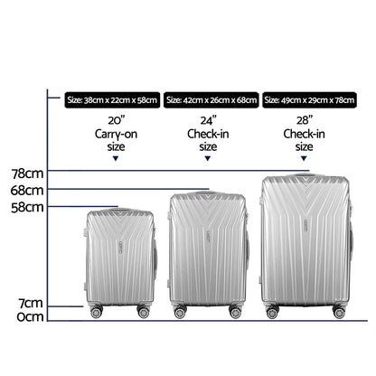 Wanderlite 3 Set Luggage 20-24-28 Inch Suitcase with TSA Lock Carry On Hard Shell Travel Luggage Organiser Case Silver