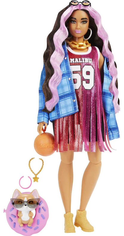 Barbie Extra Doll with Pink-Streaked Crimped Hair in Jersey Dress with Pet Corgi