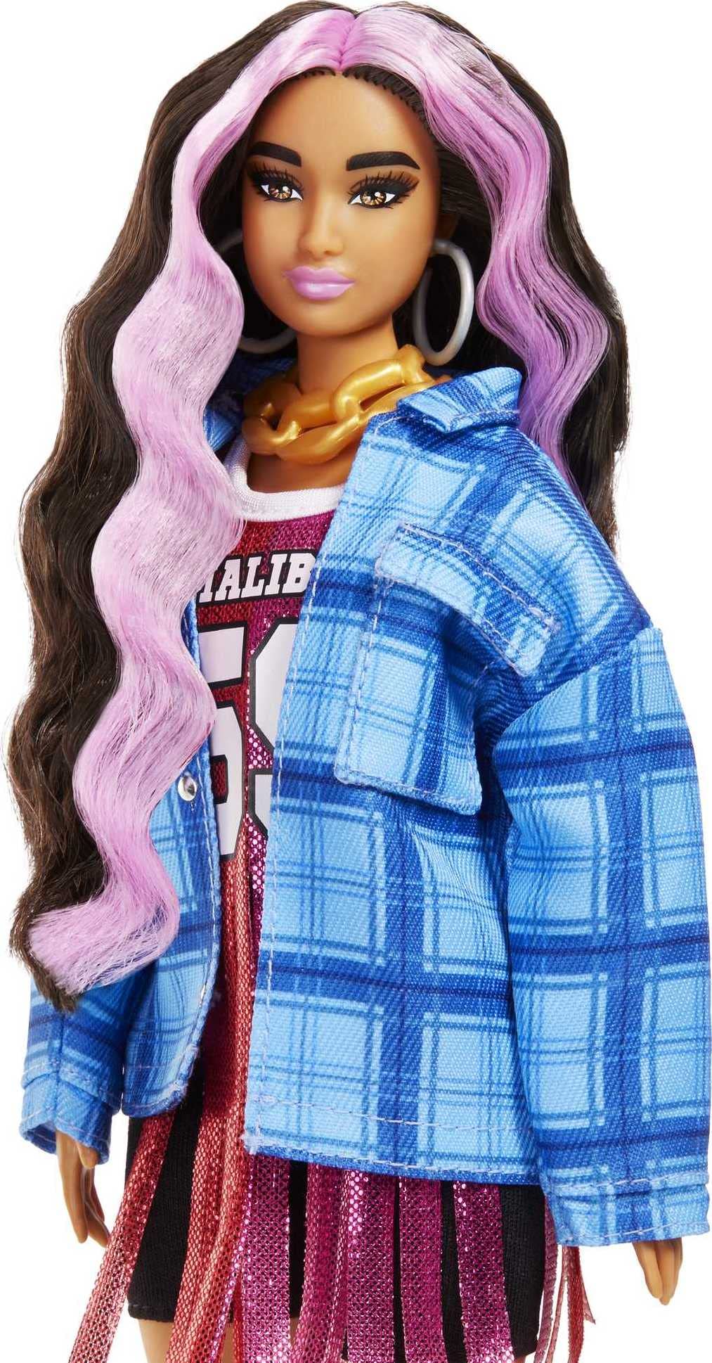 Barbie Extra Doll with Pink-Streaked Crimped Hair in Jersey Dress with Pet Corgi