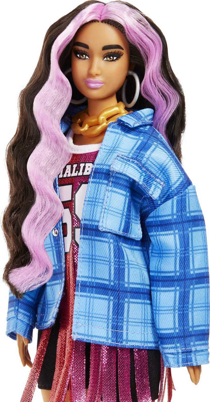 Barbie Extra Doll with Pink-Streaked Crimped Hair in Jersey Dress with Pet Corgi