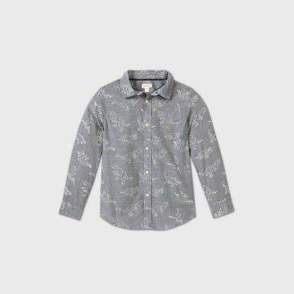Toddler Boys' Poplin Printed Long Sleeve Button-Down Shirt - Gray Dino (XS 4/5)