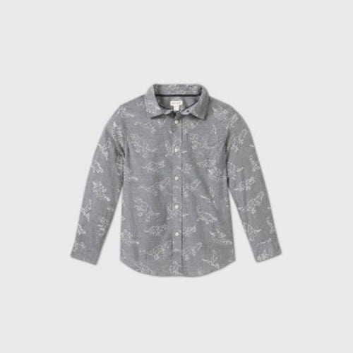 Toddler Boys' Poplin Printed Long Sleeve Button-Down Shirt - Gray Dino (XS 4/5)