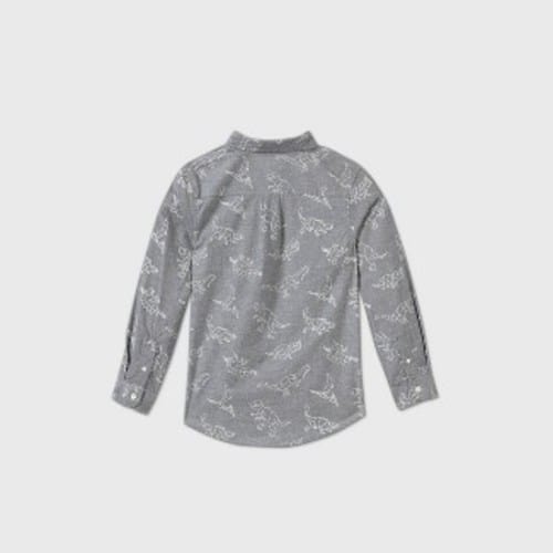 Toddler Boys' Poplin Printed Long Sleeve Button-Down Shirt - Gray Dino (XS 4/5)