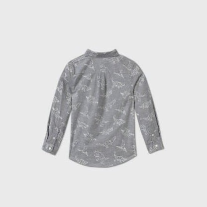 Toddler Boys' Poplin Printed Long Sleeve Button-Down Shirt - Gray Dino (XS 4/5)